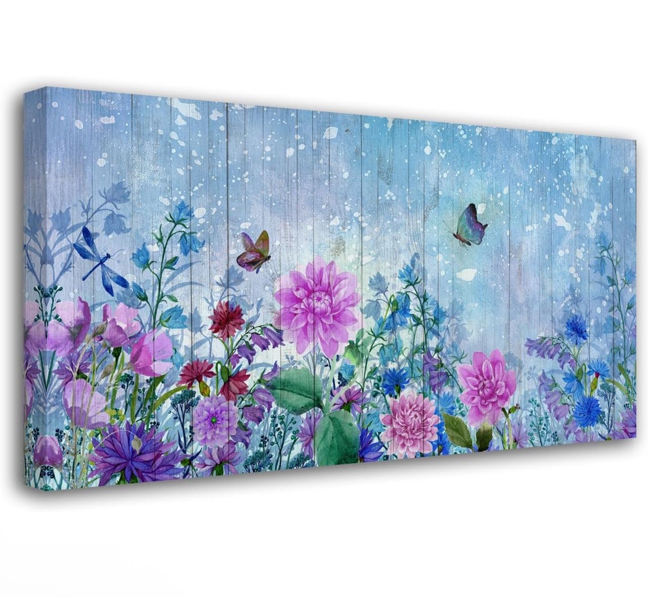Floral Canvas Wall Art Purple Nature Flowers Butterfly Landscape Painting