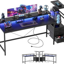Gaming Desk with Storage 60 inch, Computer Desk Gaming with LED Lights & Power Outlets, Reversible Large Gamer Table with PC Case Stand, Fabric Drawer