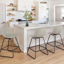 LUE BONA Swivel Bar Stools Set of 3, 25in Faux Leather Counter Height Bar stools, Mid Century Modern Bar Stools with Metal Legs & Footrest, for Kitche