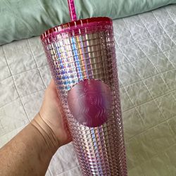 NEW Starbucks Pink & Silver Bubblegum Grid 24oz Venti Tumbler
