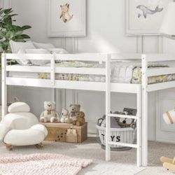 Twin Size Wood Loft Bed Frame with Ladder and Guard Rail for Kids Teens Adults