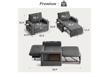 42.5" Sleeper Chair Bed, 3-in-1 Convertible Reclining Sofa Chair with Pull Out Couch Bed, Adjustable Backrest, Side Pockets, Cup Holder, USB Ports & W