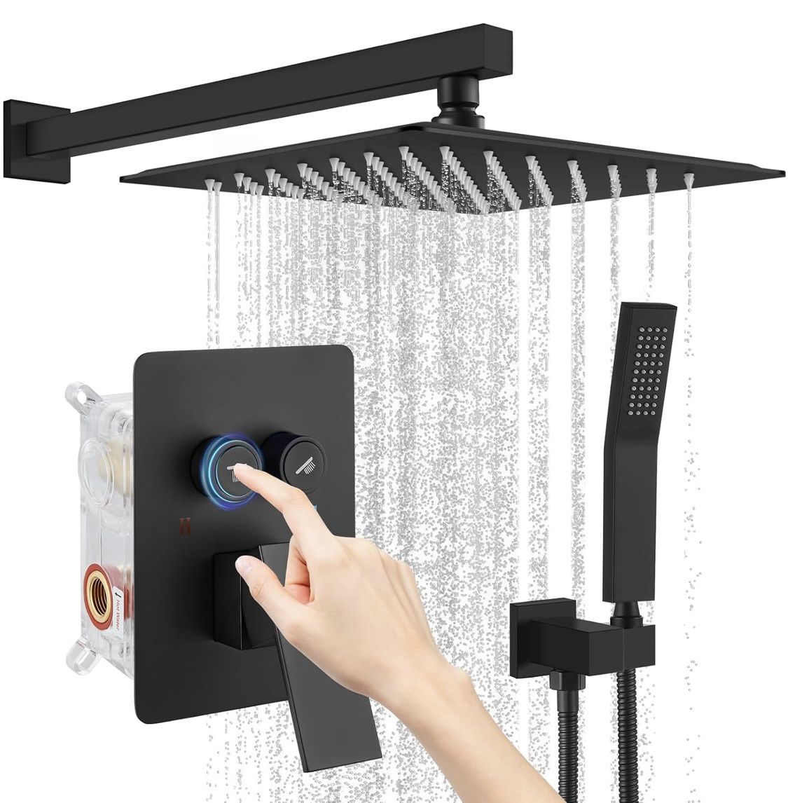 gotonovo Shower Faucet Set Push Button Diverter Rainfall Shower Head and Handheld Set Bathroom System Wall Mounted 12 Inch Showerhead Matte Black
