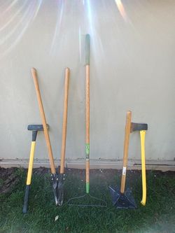 Various Garden Tools Axes Post Digger Trampler Rake
