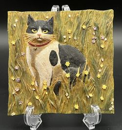 Tuxedo Black and White Cat 3D Tile Handmade