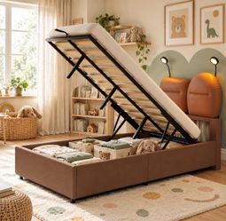 Twin Bed Frame with Lift Up Storage, Modern Platform Bed with  Light, N-30