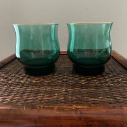 Pair Of Green Libbey Rocks/Lowball Glasses with Gold Rim   3.5” H 3” D
