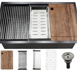 32" Black Stainless Steel Workstation Kitchen Sink, Large Single Bowl Drop-In Undermount Farmhouse Sink (Black, 3219)