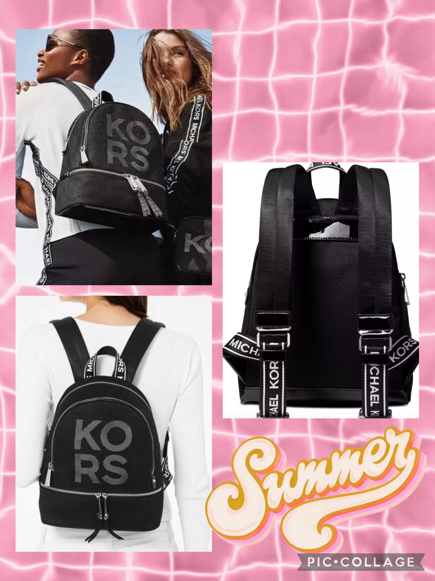 New Michael Kors Rhea Zip Backpack Logo Front Polyester Bag Black White Silver