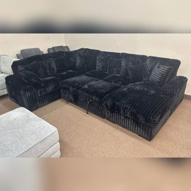 BLACK RHF Fabric U-Shaped Pull Out Sectional Sofa w/ Storage Chaise + Pillows