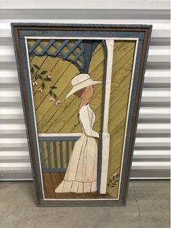Vintage Wood Relief Wall Art - Woman on Porch