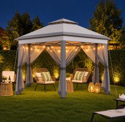 Pop up Outdoor Gazebo with Mesh Curtains and Double Roof