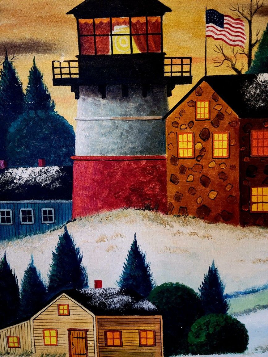 Jonas Bradford Amish Folk Art Rare Oil Painting Lighthouse Magnolia 31"×27"