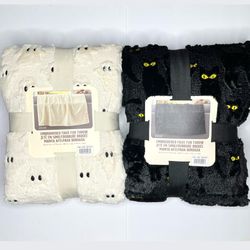 Set of 2 Viral Costco Halloween Embroidered Faux Fur Throw Blankets
