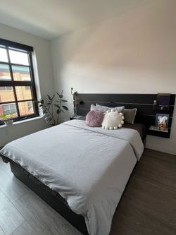 Queen bed with 6 storage units - wall mounted frame.