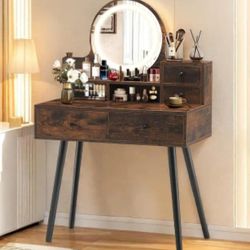 Modern Farmhouse Vanity Table With Integreated Mirror With Light,  Rustic Brown, Woodeb Makeup Desk With Jewelry Drawers, And Storage Shelves. NEW 