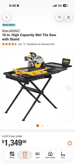 DEWALT 10 in. High Capacity Wet Tile Saw with Stand, brand new $1050