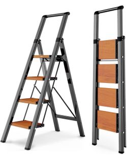 4 Step Ladders for Home, 300lbs Load, 36'' Top Step, BK/Wood Grain