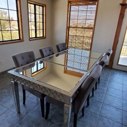 Mirrored Dining Table With 5 Grey Chairs