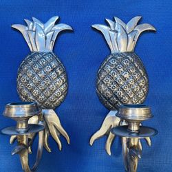 Vintage Pair Of Heavy Pewter Pineapple Wall Sconces 