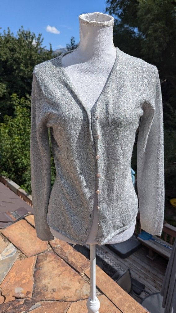 Vintage 90s Y2K Express Tricot Ladies Metallic Silver V-Neck Cardigan Sweater M