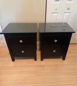 2 IKEA HEMNES nightstands with Drawers in black and glass on top- 21 x 15 x 26” - some wear scratches