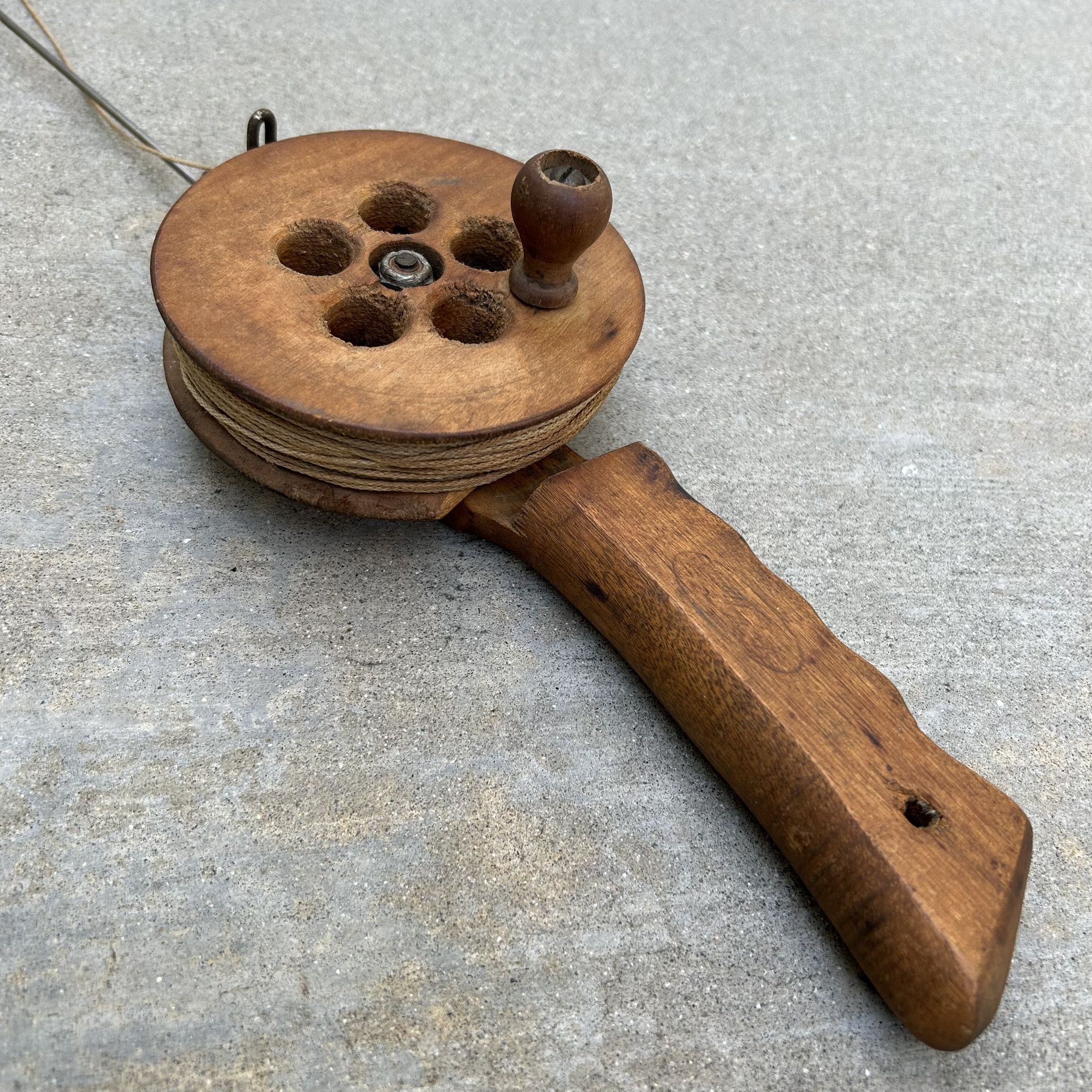 antique ice fishing reels Vintage Ice Fishing Pole with Wooden Reel — “Drop Liner\