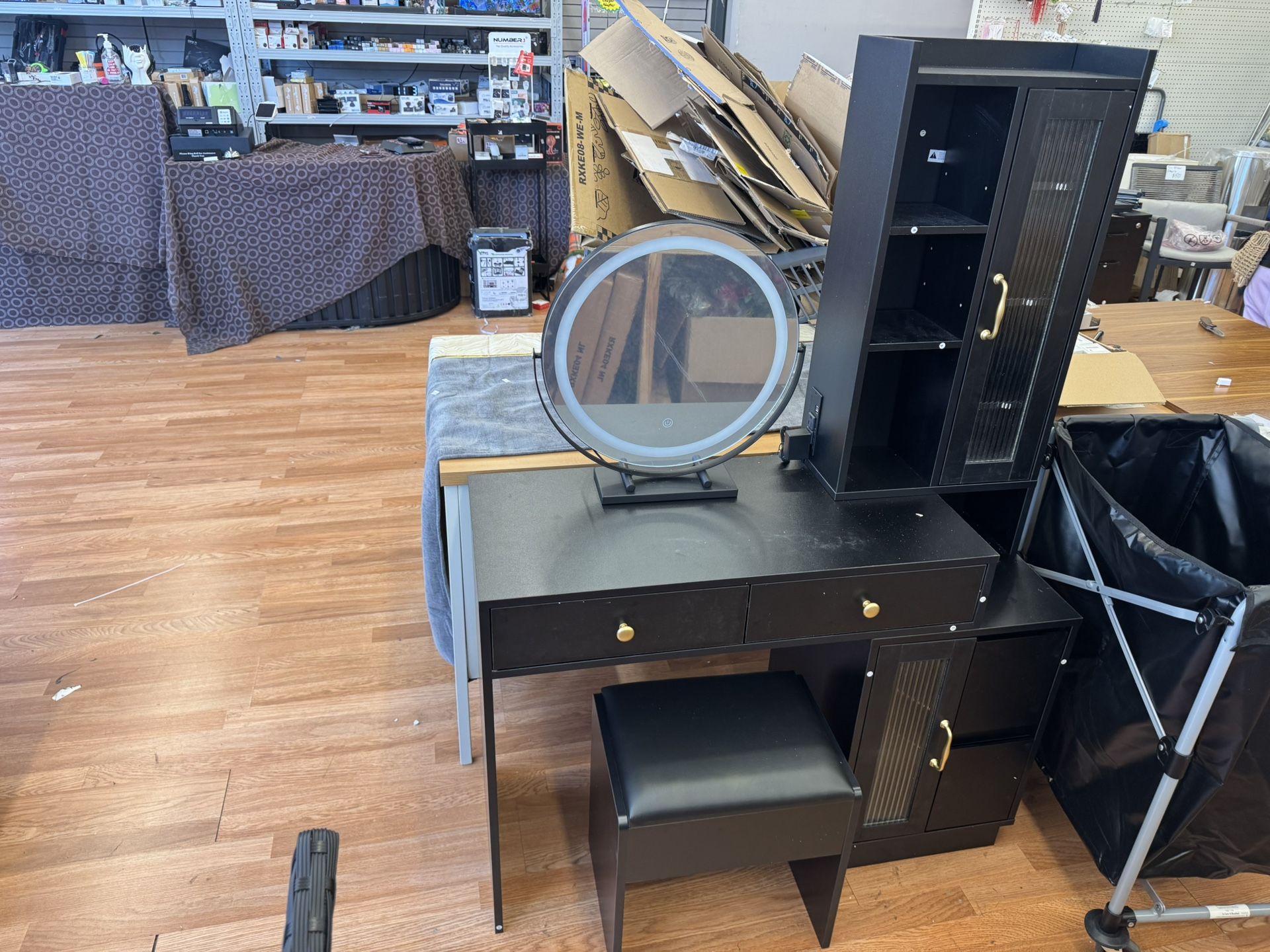 Black Makeup Vanity With Mirror, Stool & Charging Station