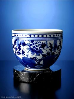 Unmarked Blue & White Floral Ceramic Bowl Round Flower Theme Blue White 8.5"×10"