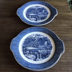 Vintage Currier & Ives The Rocky Mountains by Royal China Blue & White Serving Platters (2)