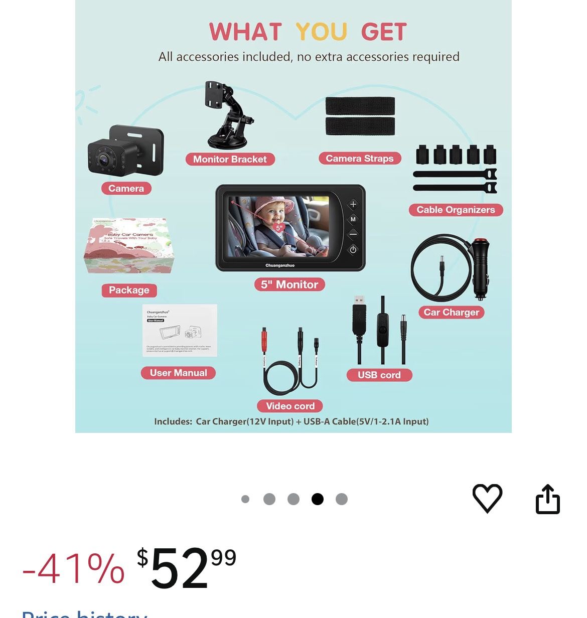 π In π¦ Baby Car Camera with Ultra Infrared Night Vision,5''HD1080P IPS with3X Zoom,Backseat/Carseat/RearSeat Camera,USB A/C Powered,Safety for Infan