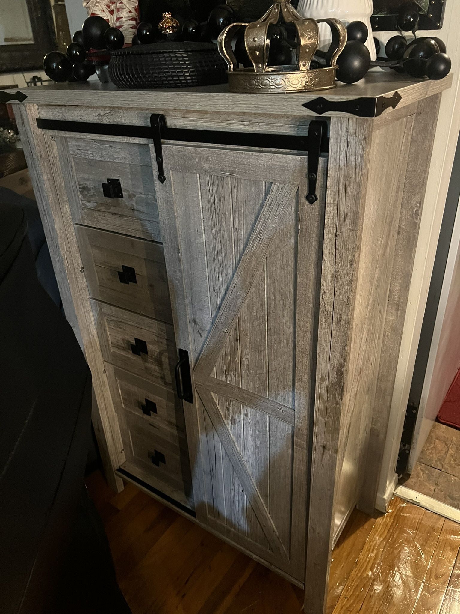 5-Drawer Tall Gray Dresser/Cabinet With Sliding Barn Door
