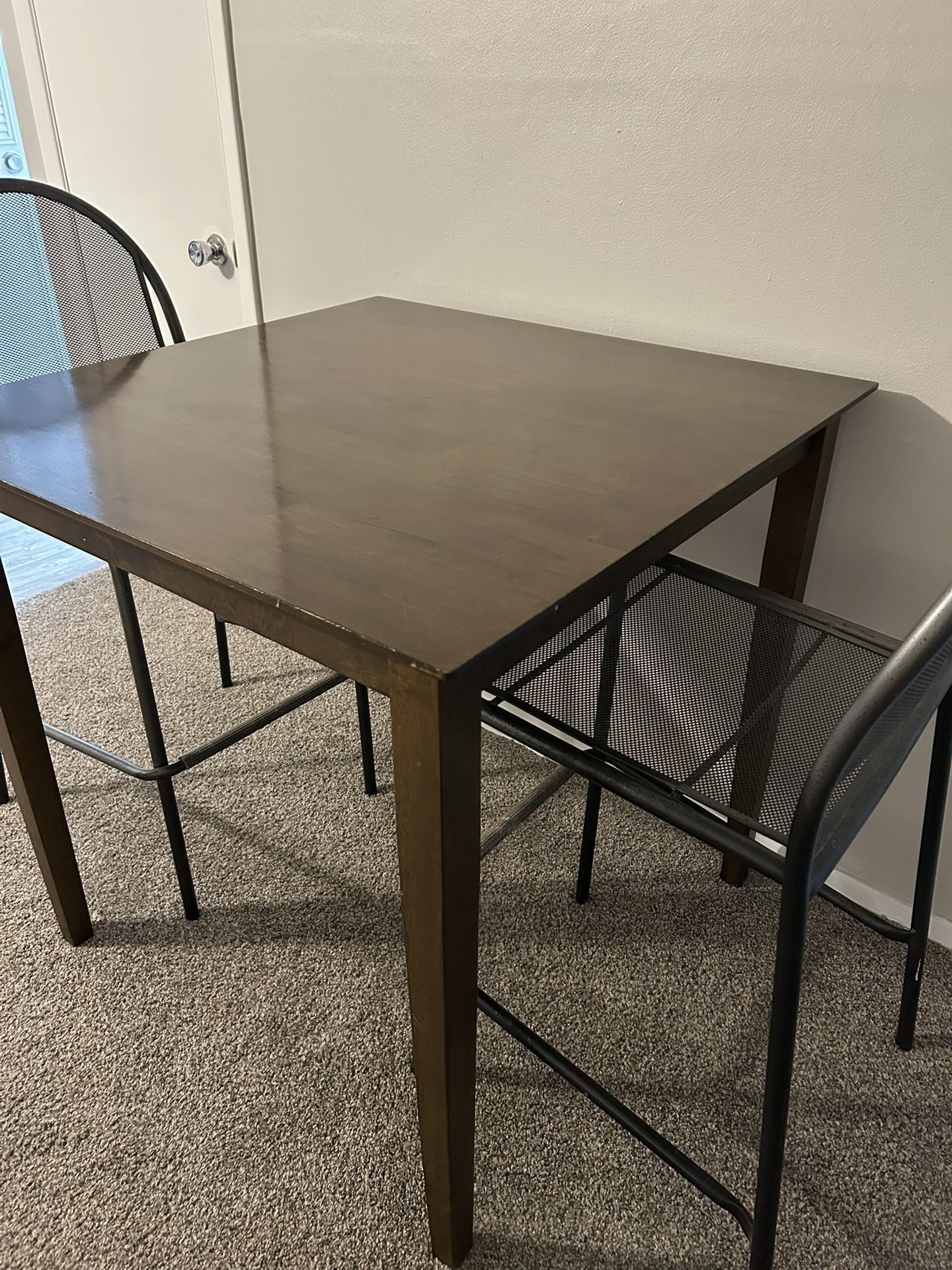 Square Wooden Bistro Table With 2 Metal Chairs