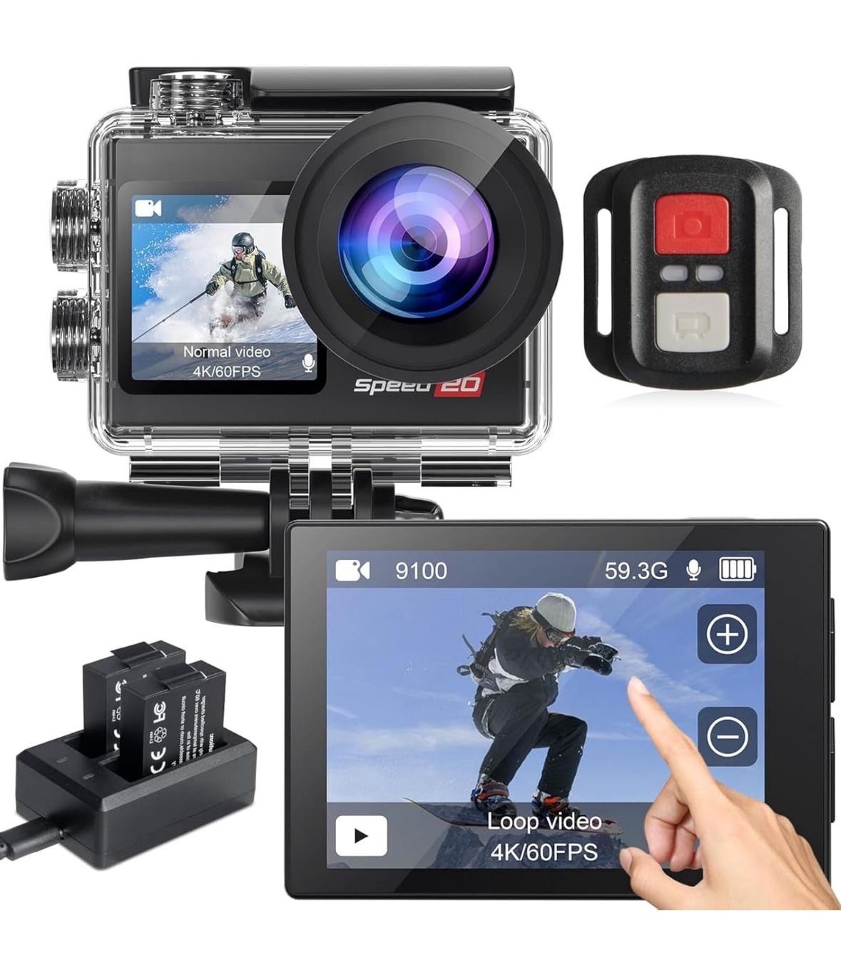 Action Camera 4K60FPS 20MP with Touch Screen EIS Remote Control 131 FT Underwater Camera 5X Zoom Support Video&Photo Editing External Microphone Vlog
