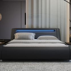 No Squeaking, Modern Upholstered Queen Bed Frame w/ LED Headboard