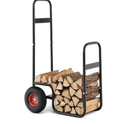 Firewood Cart with Wheels, Outdoor Indoor Rolling Fire Wood Log Cart with Pneumatic Rubber Tiers, 220 LBS Load Capacity Heavy Duty Steel Wood Storage 