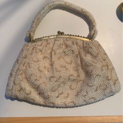 Vintage 1950s Beaded Purse Evening Bag Gold Swirls Clear Glass Beads Gold & Pearl Frame Click Clasp