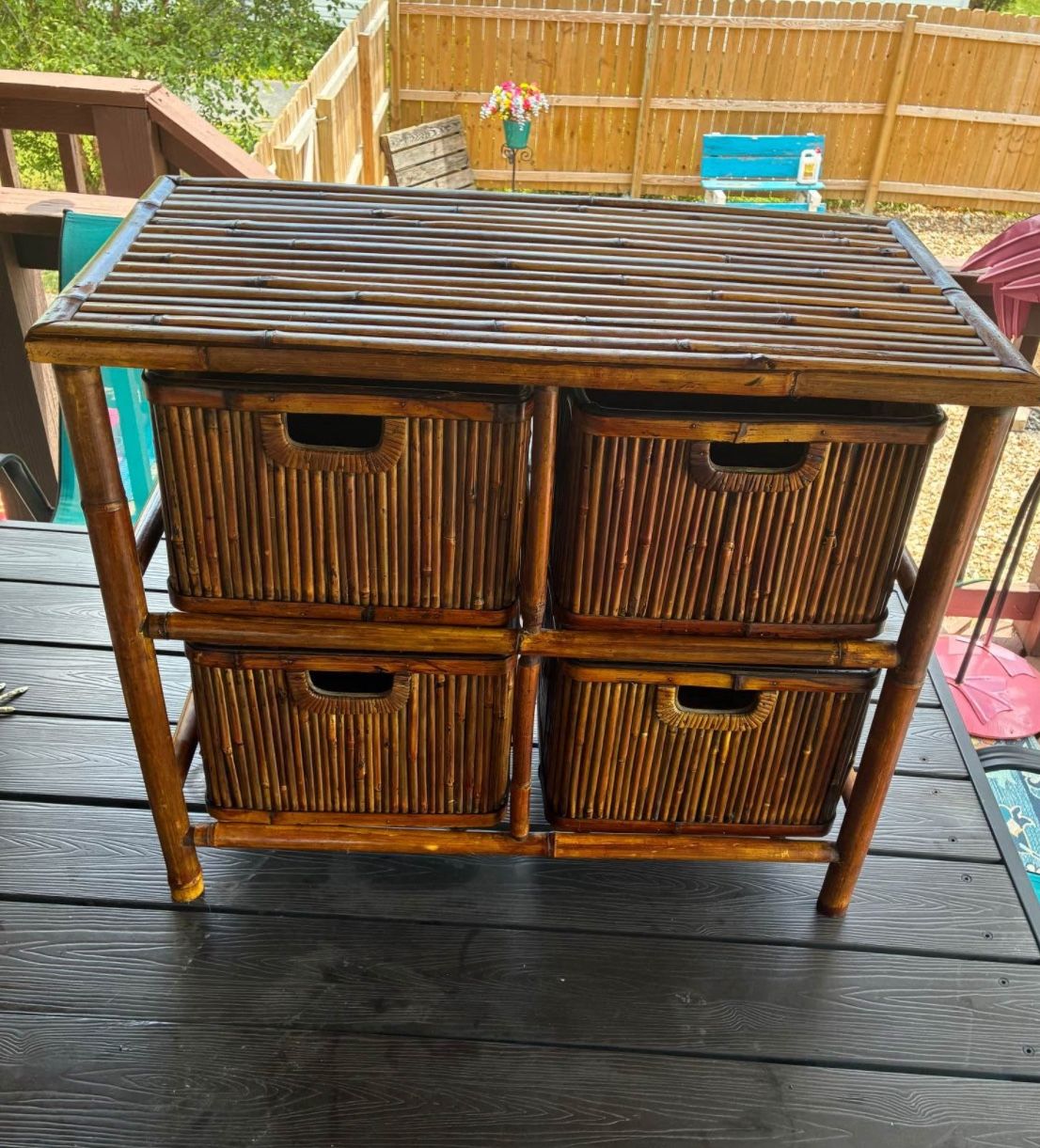 Vintage mcm bamboo table/stand with storage compartments, the prices on these are insane