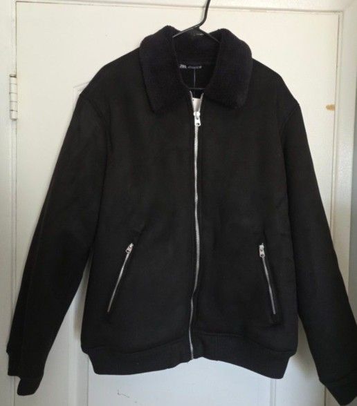 Men's Jacket Zara Vegan Leather Suede Jacket Sherpa Black XL