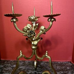 Vintage Art Nouveau Style Handcrafted Detailed Flower Roses Motif Brass Candelabra Heavy 19" Tall