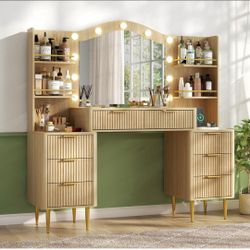 55" Big Fluted Vanity Desk with Mirror and Lights,Makeup Vanity with 8 Storage Drawers and 4 Storage Shelves,Glass Top & Power Outlet,3 Lighting Modes