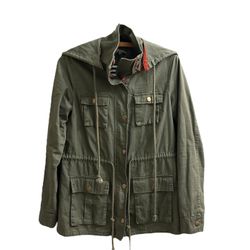Market & Spruce Olive Green Size XS Cargo Utility Jacket w/ Removable Hood and Red Trim