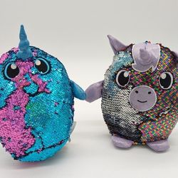 New 8" Shimmeez flip sequin unicorn and narwhal plushies