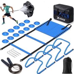 Agility Ladder Speed Training Equipment Set-20ft Agility Ladder,12 Soccer Cones,4 Hurdles, Jump Rope, Running Parachute| Basketball Football Soccer Tr