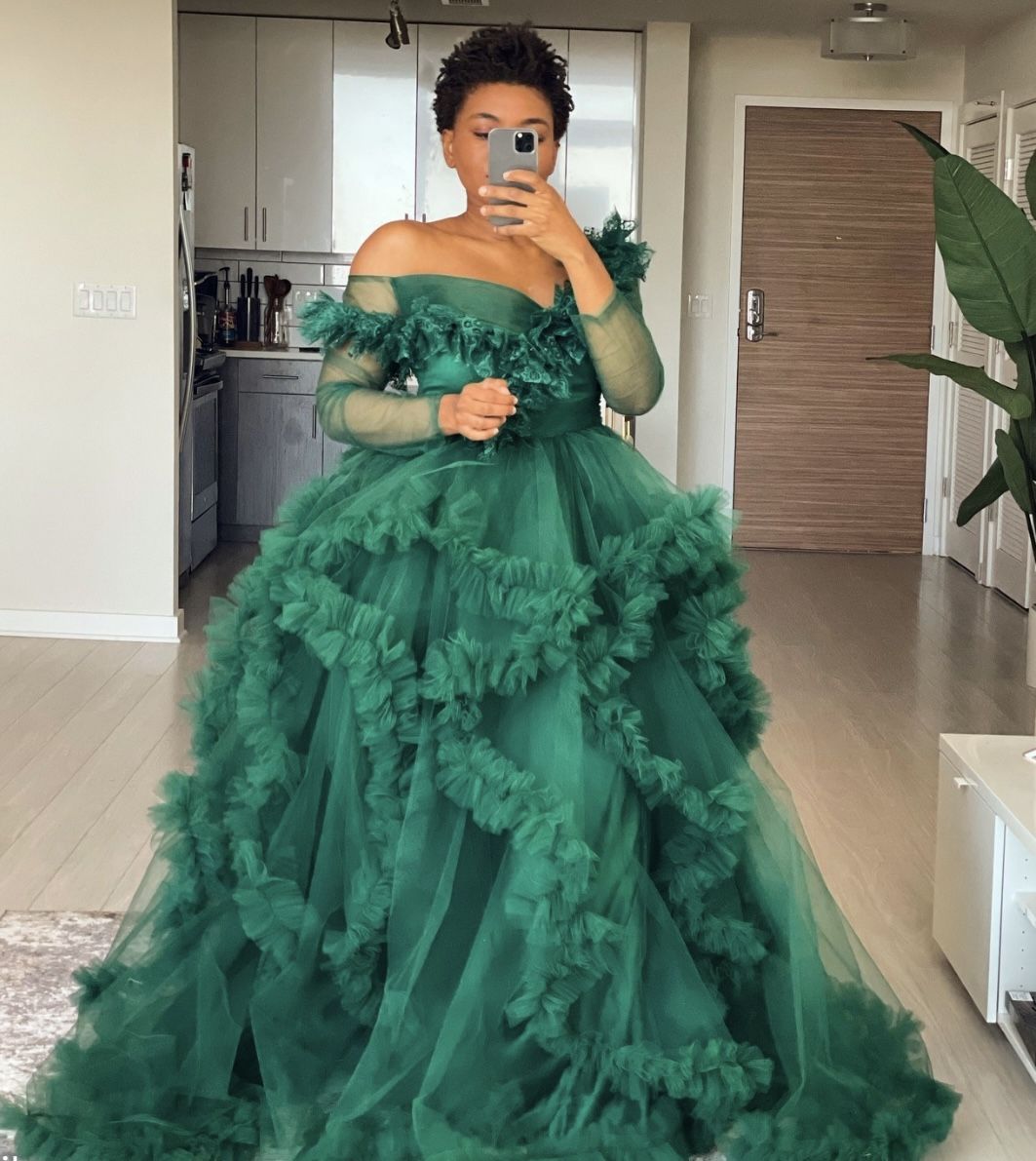 Custom Tulle Robe Off Shoulder In Emerald