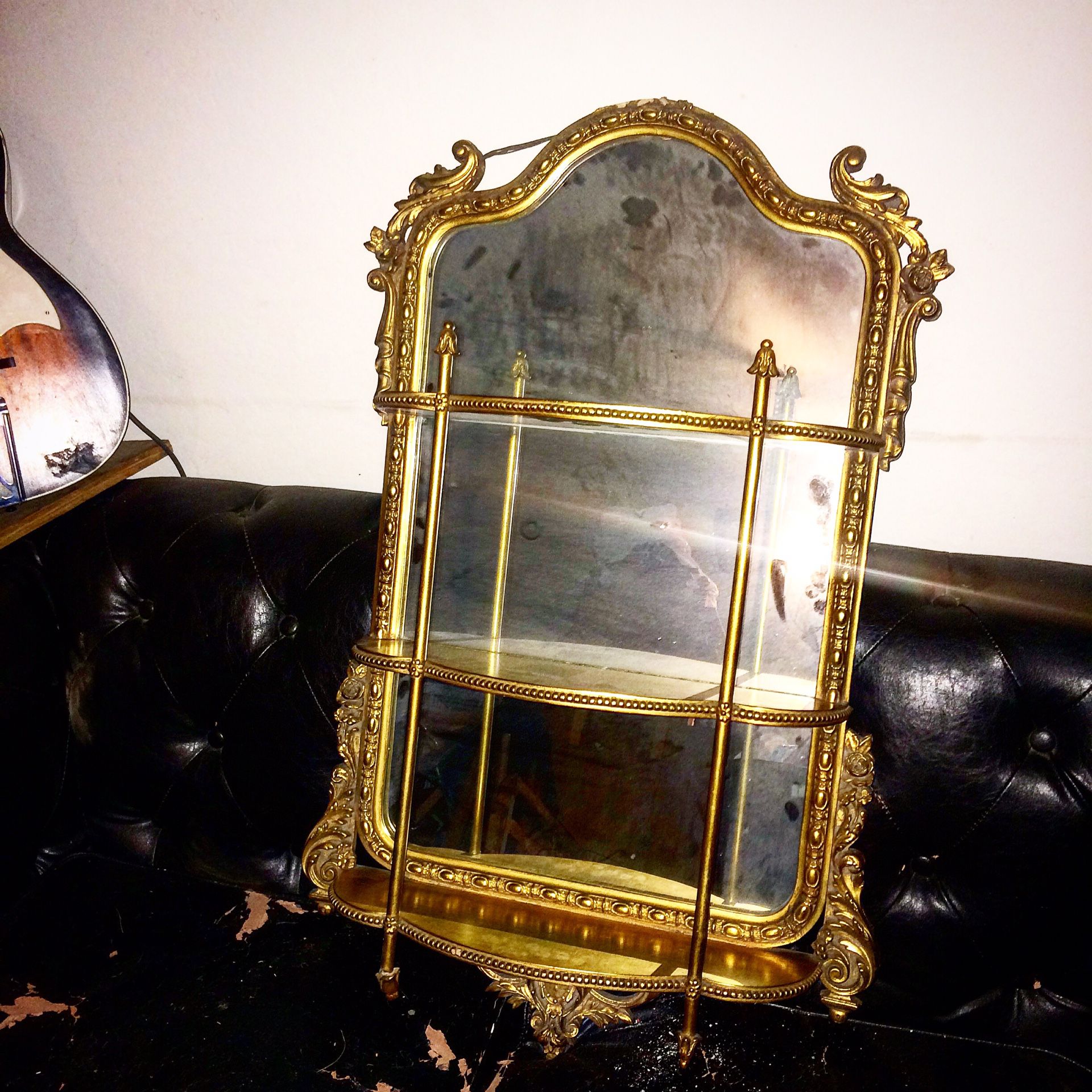 2x3 gold antique French wall mirror with shelves