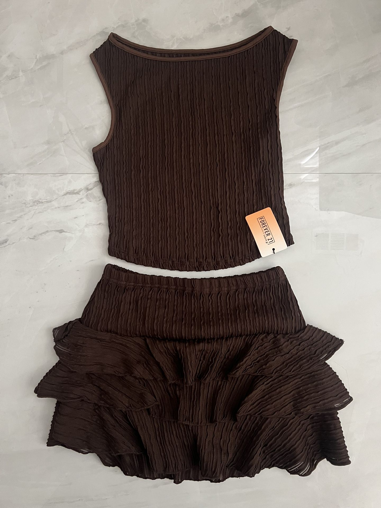 Shein forever 21 Brown ribbed tank top and ruffled skirt set