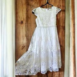 ♡Size 7 White Lace TeaLength Flower Girl Dress Wedding Chantilly Place Dillards♡