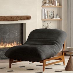 Solid Wood Bean Bag Lounger Chair, Large Corduroy Floor Sofa for Adults, Ergonomic Reading Chaise Lounge - Black