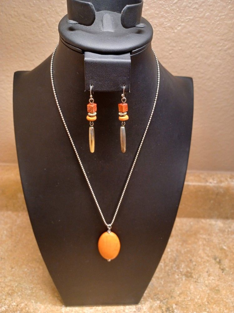 Orange And Silvertone Necklace And Earrings Set